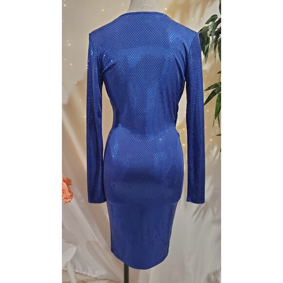 Symphony Vtg Y2K Mirror Sequin Sparkle Tulip Hem Faux Wrap Dress Size M Blue - Picture 3 of 10